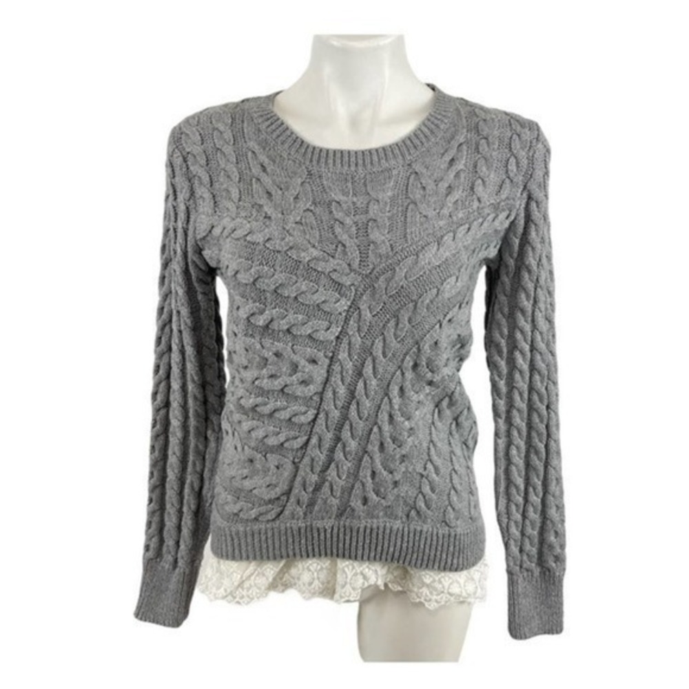 Monteau Cable Knit Women’s Sweater | Medium | Gray with White Lace